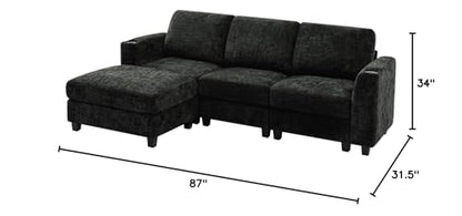 87" Chenille 3 Seater Couch with Soft Ottoman, Black | L-Shape Sectional Sofa with Durable Cup Holders, Upholstered Sofa with Comfy Backrests for Living Room, House - color: Black, size: 87" L-Shape