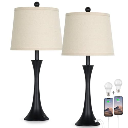 Rinweey 27.5" Table Lamps Set of 2, Touch Bedside Lamps with USB C+A Ports, 3 Way Dimmable Nightstand Lamps for Bedroom, Living Room, Office, Black Lamp with Beige Lampshade, Bulbs Included - color: Black