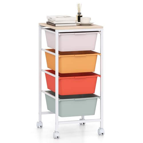 RELAX4LIFE 4-Drawer Rolling Storage Cart - Mobile Art Supply Craft Organizer on Wheels w/Wooden Tabletop & Metal Frame, Utility Storage Cart for Home Living Room Office Classroom (Macaron, 28”H) - color: Macaron, size: 28”H