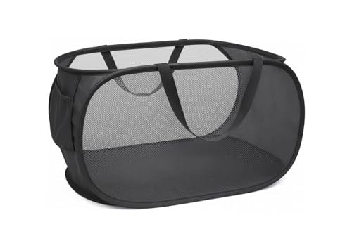 Collapsible Laundry Hamper Basket,Pop Up Mesh Foldable Bag for Laundry Room | folding horizontal laundry durable baskets with handles & side pocket travel for bathroom,Kids room,college dorm(Black) - color: Black