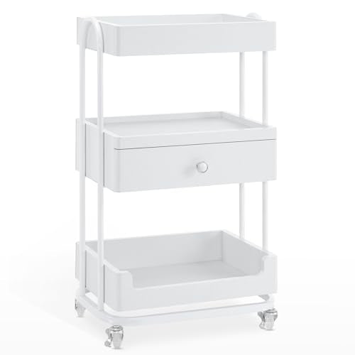BarberPub 3-Tier Salon Trolley Cart with Drawer, Metal Frame White 2086 - color: White
