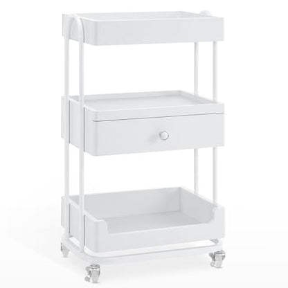 BarberPub 3-Tier Salon Trolley Cart with Drawer, Metal Frame White 2086 - color: White