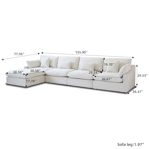 Cloud Couch Modular Sectional Sofa,156" L Shaped Couch, Oversized Down Filled Convertible Wide Seater,4 Seater with Ottoman for Living Room Set, Covers Washable&Replaceable,White - color: White, size: 4 Seat &Ottoman