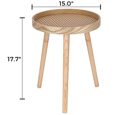 Small Side Table, Rattan Nightstand, Round End Boho Bedside Accent Mid-Century Modern Bed Tables for Living Room Bedroom Office Balcony(Natural Walnut) - color: Natural Walnut