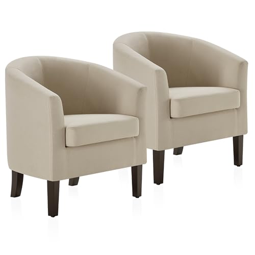 BELLEZE Accent Barrel Chair, Set of 2 Linen Round Club Tub Sofa Corner Chair with Flared Legs and Cozy Soft Padding for Living Room Bedroom Waiting Room - Beige - color: Highland Beige, size: 2 Chairs