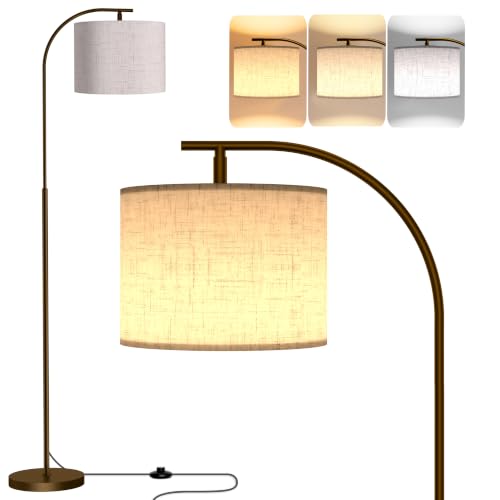 Floor Lamp with Linen Shade, Arc Dimmable Tall Standing Lamp with Remote Control, Modern Floor Reading Light for Living Room Bedroom Office Corner, 9W LED Bulb Included - color: Beige (Brown)