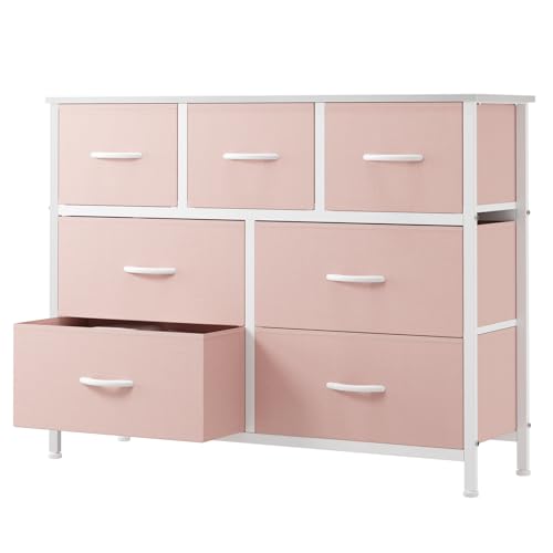 OLIXIS 7 Drawer Fabric Dresser, Storage Tower for Bedroom and Closet | Pink Easy-Pull Bins for Closet Organizers, Chest of Drawers with Sturdy Steel Frame & Wooden Top for Living Room, Entryway - color: Pink, size: 11.8"D x 39.4"W x 30"H (7 Drawers)