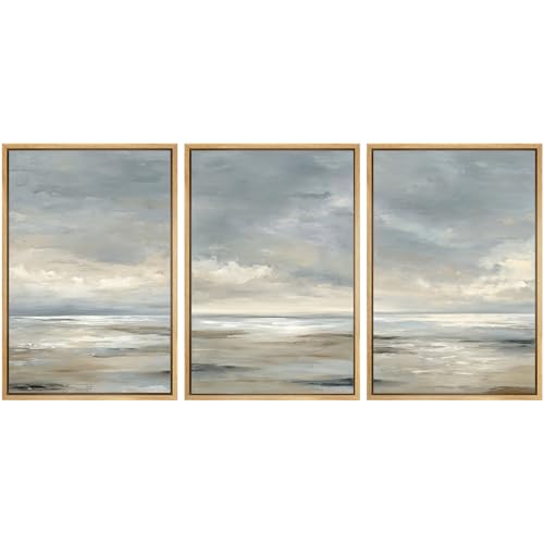 SIGNWIN Framed Wall Art Print Set Grey Wave Calm Sea Landscape Illustrations Modern Art Chic Multicolor for Living Room, Bedroom, Office - 16"x24"x3 Natural - color: A26-2601-yuk05, size: 16"x24"x3 Panels Natural