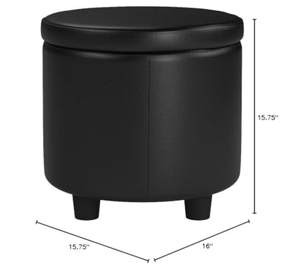 Designs4Comfort Round Accent Storage Ottoman in Black Faux Leather Fabric - color: Black