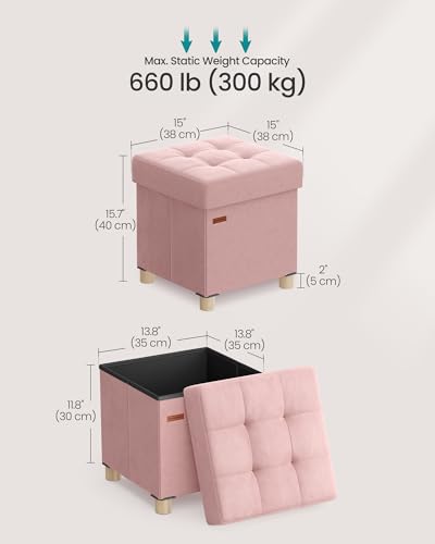 SONGMICS Small Storage Ottoman, Folding Ottoman Cube, 15 x 15 x 15.7 Inches, Footstool, Footrest, 10 Gal. (37 L), Velvet Surface, for Bedroom, Living Room, Dorm, Jelly Pink ULSF0516R01 - color: Jelly Pink
