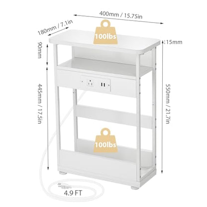 YEAKOO Narrow Side Table with Charging Station, 3-Tier End Table with 2 USB Ports & Power Outlets,Thin Sofa Side Table for Narrow and Small Spaces, Bedside Table Nightstand for Living Room,White - color: White