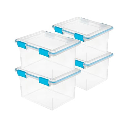 Sterilite 32 Qt Gasket Box, Stackable Storage Bin with Latching Lid and Tight Seal, Plastic Container to Organize Basement, Clear Base and Lid, 4-Pack | Heavy-Duty, Stackable, and Organizing Containers for Bathroom, Cabinet, Closet, and Garage, Clear and