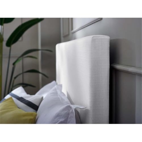 Pemberly Row Full/Queen Upholstered Linen Headboard, 54" H x 63.5" W x 3" D, White Finish, Black-Stained Wood Posts, Adjustable Mounting Heights, Foam Padding, Bedroom Decor - size: Full Queen