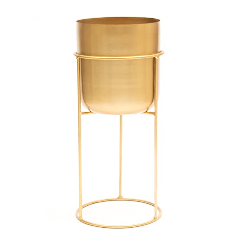 Olly & Rose Matt Metal Plant Pot with Gold Plant Stand - Tall 20 Inch Height Large Plant Pot Indoors with Stand - Large Decorative Planter