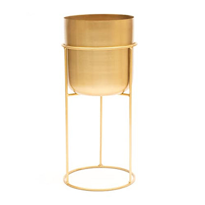 Olly & Rose Matt Metal Plant Pot with Gold Plant Stand - Tall 20 Inch Height Large Plant Pot Indoors with Stand - Large Decorative Planter