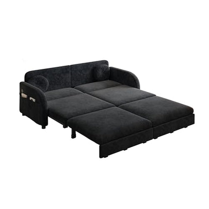 65.4'' Queen Size Sleeper Sofa Bed, 3-in-1 Pull Out Chenille Couch, Black | Cozy Curved Armrest, Loveseat with USB, 2 Round Pillows, Washable Cover, Pocket, for Living Room, Apartment, Small Spaces, RV - color: Black, size: 65.4'' Queen