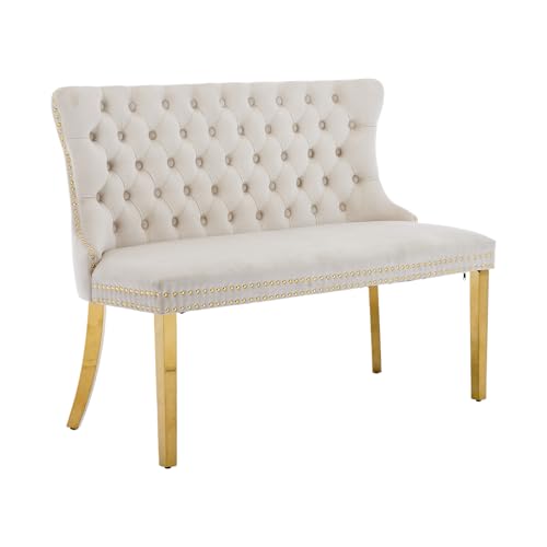 Beige Velvet Dining Bench with Back, Tufted Banquette Seating, Gold Legs | Upholstered loveseat bench; tufted back; nailhead trim; 500 lb capacity; foam and spring seat; dining room or entryway - color: Beige(gold Stainless Steel Legs)