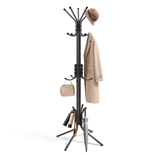 Metal Coat Rack, Freestanding Coat Tree & Hall Tree with 15 Hooks, Sturdy Coat Rack Stand and Hat Rack, Coat Hanger for Entryway, Bedroom, Office for Jackets, Hats, Bags,Brown - color: BROWN