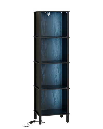 Bookshelf with LED Lights, Modern 4-Tier Bookcase, Open Storage Book Shelf, 11 × 14.2 × 50.4 Inches, Small Narrow Bookshelves for Living Room, Home Office, Bedroom, Black - color: Black