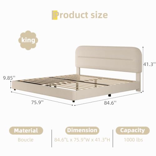 HOMBCK King Size Bed Frame, Upholstered Boucle Bed Frame King with Headboard, Soft Cloud Bed Frames with Thickened Footboard, Rounded Corners, No Box Spring Required, Easy Assembly, Cream - color: Cream, size: King