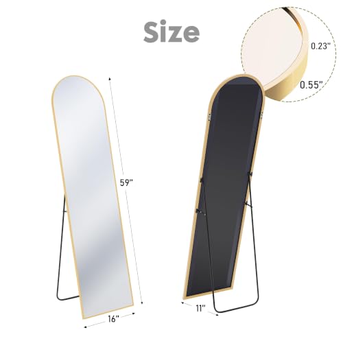 DUMOS 59"x16" Arched Full Length Mirror with Stand, Full Body Floor Mirror | Free Standing or Wall Mount, Nano Glass Aluminum Frame, Hanging or Leaning, Modern Simple Home Decor, Gold - color: Gold-arched, size: 59"L x 16"W