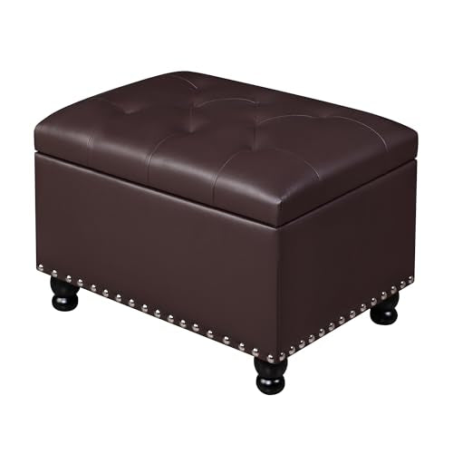 Adeco Faux Leather Storage Ottoman Bench with Safety Hinge, 23-Inch Upholstered Footrest Stool for Entryway & Living Room, Holds 350 lbs, Black - color: Matte Dark Brown - Leather