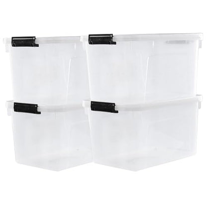 4-Pack 10.5 Quart Clear Plastic Latch Storage Boxes with Lid | Clear BPA-free plastic, secure black latches, lid carry handle, ideal for pantry, closet, garage & kitchen storage - size: 10.5 quart