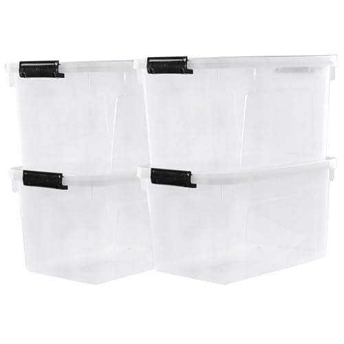 4-Pack 10.5 Quart Clear Plastic Latch Storage Boxes with Lid | Clear BPA-free plastic, secure black latches, lid carry handle, ideal for pantry, closet, garage & kitchen storage - size: 10.5 quart