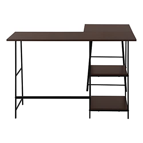 Computer Desk L-Shaped Corner Desk 48" 3-Tier Writing Desk with Storage Shelves, Espresso Laminate Top, Black Metal Sawhorse Legs, Space-Saving Home Office Laptop Workstation