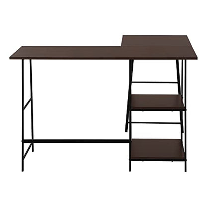 Computer Desk L-Shaped Corner Desk 48" 3-Tier Writing Desk with Storage Shelves, Espresso Laminate Top, Black Metal Sawhorse Legs, Space-Saving Home Office Laptop Workstation