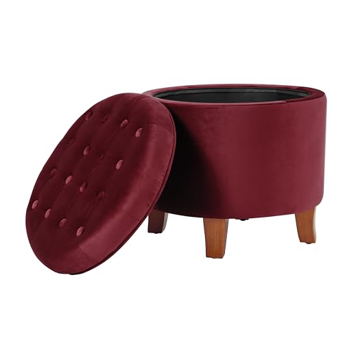 HomePop 19" Velvet Button Tufted Round Storage Ottoman - Burgundy - color: Burgundy