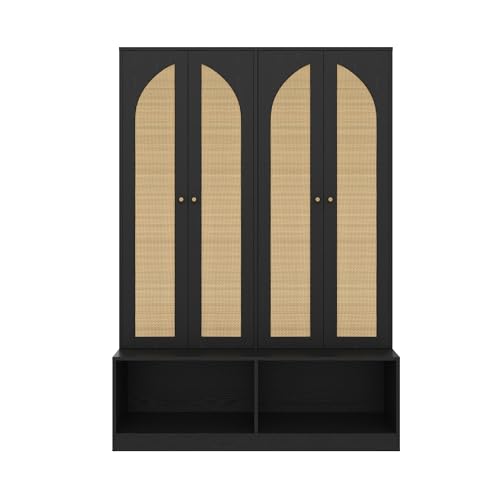 JIVOIT Bohemian Farmhouse Widen Hall Tree with 4 Rattan Doors, Versatile 4-In-1 Hall Tree, Mid-Century Entryway Shoe Cabinet with Adjustable Shelf and 6 Hooks, Seating Bench for Living Room - color: Black//53