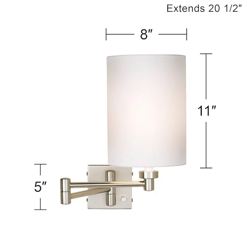 White Drum Brushed Nickel Swing Arm with Cord Cover Wall Lamp Light Fixture | Modern Plug-In Cotton Cylinder Shade for Bedroom Bedside House Reading Living Room Home Hallway Dining