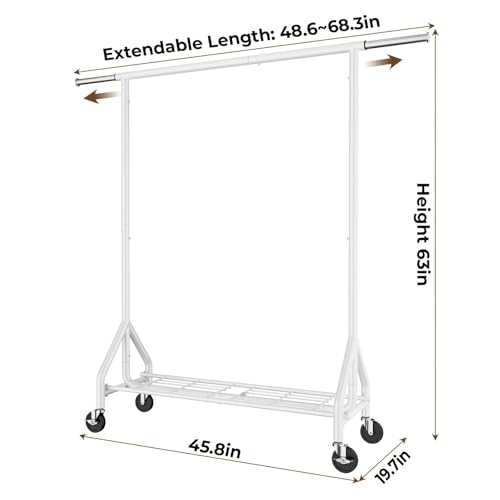 HYSEYY Heavy Duty Clothes Rack Load 450 LBS, Metal Garment Rack, Standing Rolling Clothing Rack for Hanging Clothes with Sturdy Wheels & Shelves, Portable Closet Wardrobe Rack,White - color: White