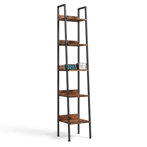 5 Tier Ladder Shelf,13.5” Wide Tower Storage Shelf,Rustic Brown | Skandiquip 13.5” Narrow Ladder Shelf, Steel Frame Anti-Tip Tall Storage Tower for Books & Plants, Kitchen Living Room Office - color: Rustic Brown, size: 5 Tier