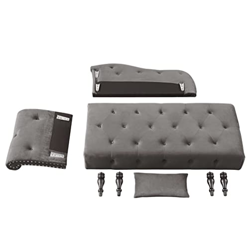 60" Modern Velvet Chaise Lounge Indoor, Upholstered Chair with Left Armrest and Lumbar Pillow, Button Tufted Lounge Sofa for Living Room Bedroom Office, Mini Chaise Longue Sofa (Grey) - color: Grey