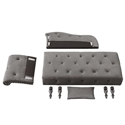 60" Modern Velvet Chaise Lounge Indoor, Upholstered Chair with Left Armrest and Lumbar Pillow, Button Tufted Lounge Sofa for Living Room Bedroom Office, Mini Chaise Longue Sofa (Grey) - color: Grey