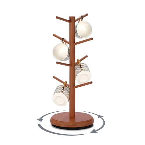 BAMBANG Mug Holder, 360° Rotating Mug Tree Holds 8 Coffee Cups, Space Saving Mug Stand with Stable Base for Kitchen Coffee Bar - color: Tea Brown