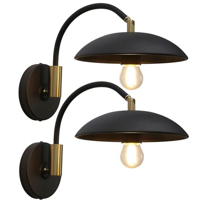 Phansthy Modern Brass Wall Sconce Hardwired 2 Pack, Adjustable Lighting Direction Wall Light, Swing Arm Wall Lamp with 8.5" Metal Half Sphere Shade for Bedside Reading, Farmhouse (Black Gold) - color: Black Gold