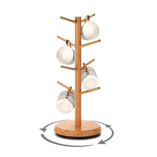BAMBANG Mug Holder, 360° Rotating Mug Tree Holds 8 Coffee Cups, Space Saving Mug Rack with Stable Base for Kitchen Coffee Bar - color: Natural
