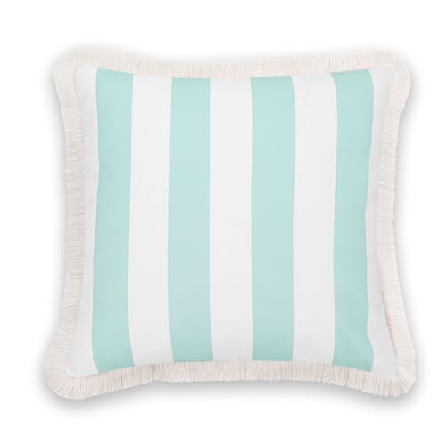 Hofdeco Premium Fall Coastal Patio Indoor Outdoor Pillow Cover Only, 20"x20" Water Repellent for Backyard, Couch, Muted Aqua Stripe Fringe - color: Muted Aqua Stripe 20"x20"