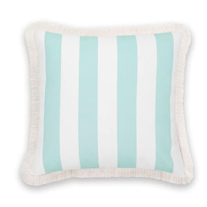 Hofdeco Premium Fall Coastal Patio Indoor Outdoor Pillow Cover Only, 20"x20" Water Repellent for Backyard, Couch, Muted Aqua Stripe Fringe - color: Muted Aqua Stripe 20"x20"