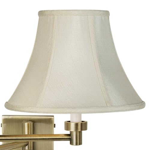 Creme Bell Shade Antique Brass Plug-In Swing Arm Wall Mount Light Fixture | Indoor Cord Dimmable Fabric for Bedroom Bedside House Reading Living Room Home Dining