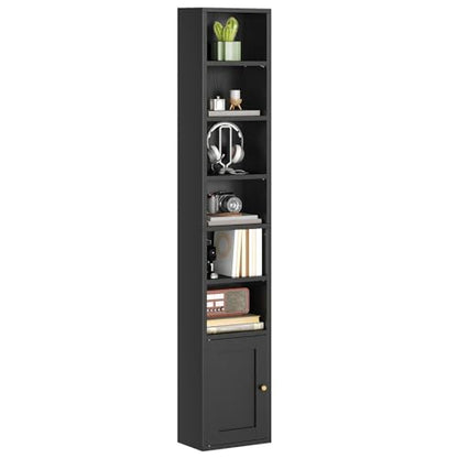 7-Tier Tall Narrow Bookshelf with Door, 11.8 X 9.3 X 70.9 Inches CD DVD Slim Media Tower Rack with Storage Cabinet, Adjustable Shelves, Skinny Bookshelf Display Bookcase for Home Office, Black - color: Black