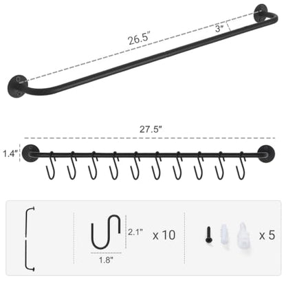 Mkono Wall Mounted Mug Holder, Coffee Cup Hanger Rack with 10 Hooks, 1 Pack | Kitchen Rod, Space Saving, Easy Assembly, Wall & Under Cabinet, Durable Metal, Kitchen Dining Bar Organizer, Multi-Function - size: Large