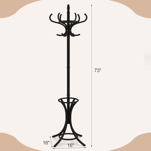 Giantex Solid Wood Coat Rack, Freestanding Hall Tree w/12 Hooks, Umbrella Holder, Entryway Hanger Stand for Coat, Hats, Scarves, Bags, Wooden Garment Rack for Bedroom, Hallway (Black) - color: Black