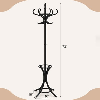 Giantex Solid Wood Coat Rack, Freestanding Hall Tree w/12 Hooks, Umbrella Holder, Entryway Hanger Stand for Coat, Hats, Scarves, Bags, Wooden Garment Rack for Bedroom, Hallway (Black) - color: Black