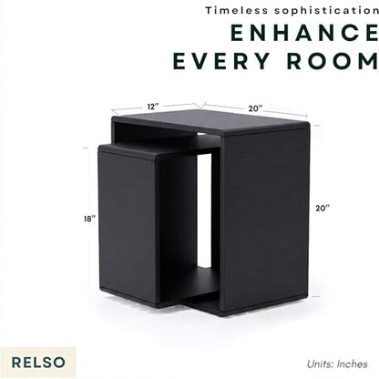 Relso Cascade Nesting Tables Set of 2 - Solid Wood with Smooth Rounded Edges for Stylish Living Room, Bedroom Or Outdoor Use - Space-Saving Design, Long-Lasting, Black Finish - color: Cascade Black