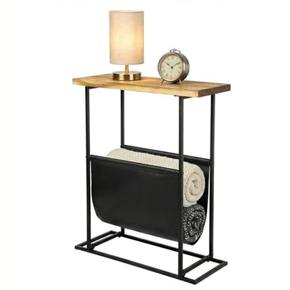 MyGift 21-Inch Modern Narrow Living Room End Table with Solid Burnt Wood Tabletop and Black Metal Frame, Bedroom Nightstand Side Table with Magazine Holder Sling