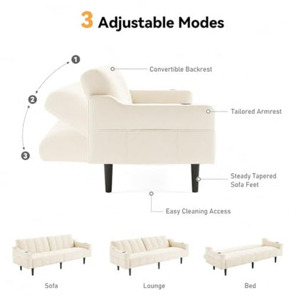 Brelice 80'' Leather Couch, Futon Sofa Bed, Faux Leather Couch with Adjustable Backrest, 2 Cup Holders & Side Pockets, Mid Century Modern Sofa for Living Room, Bedroom, Cream White - color: Faux Leather Cream White